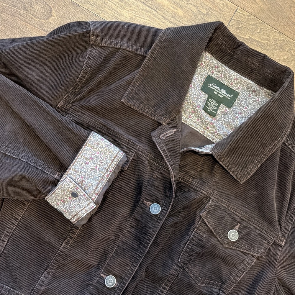 Eddie Bauer Trucker Jacket Womens Large Corduroy Brown Buttons Pockets Size XL
